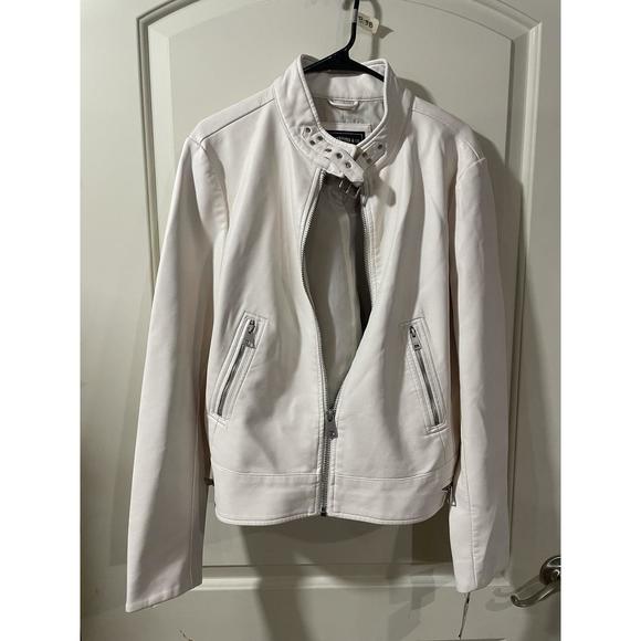 Levi's White Faux Leather Racer Jacket Oyster Latch Collar XL - Picture 4 of 7